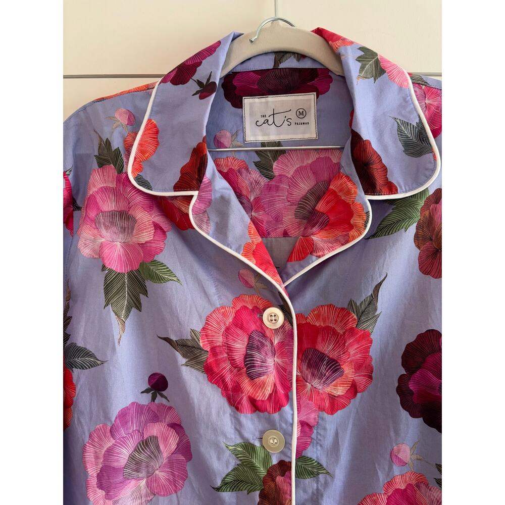 THE CAT’S PAJAMAS Women’s Cotton Floral Pajama Set— White Piping Trim Size M - Picture 6 of 7